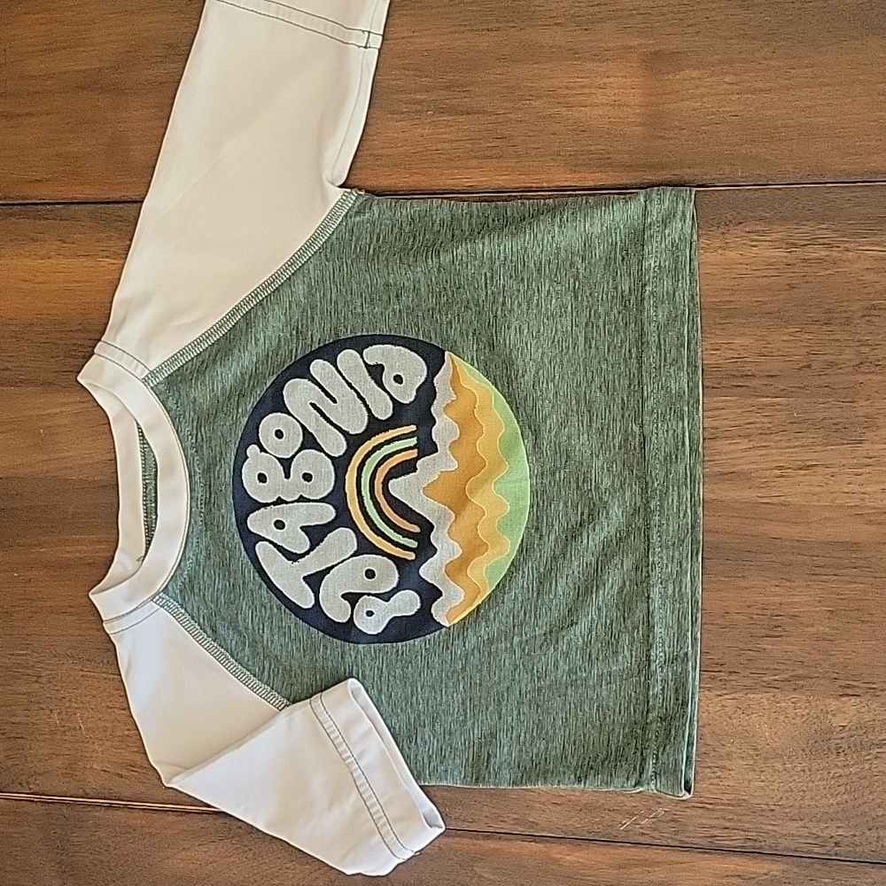 Patagonia Green and White Raglan Tee with Rainbow Logo